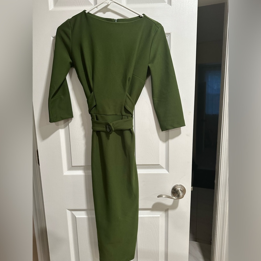 Midi pencil dress in deep olive green from vintage style brand